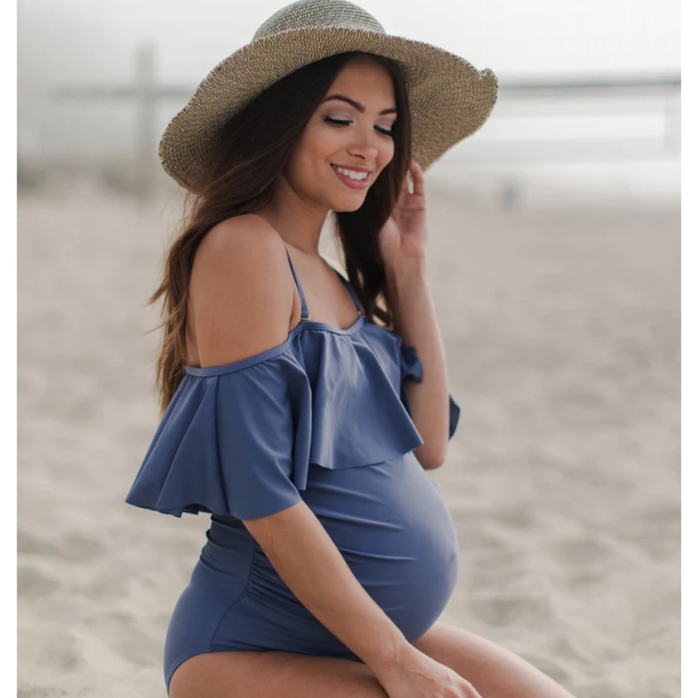 Blue Grey Ruffle Trim Ruched One-Piece Maternity Swimsuit